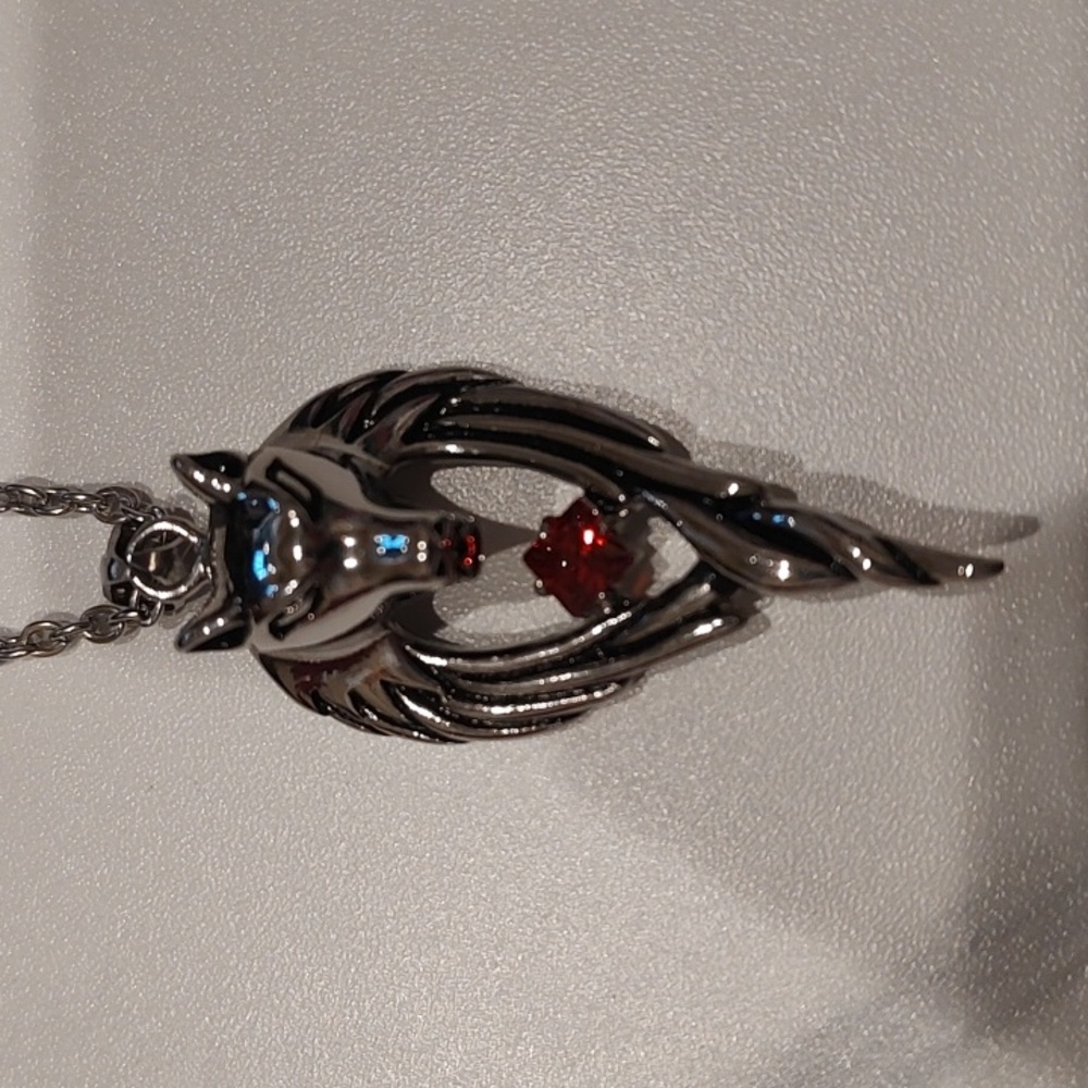 Stainless Steel Wolf Head And Angel Wings with red CZ Pendant Necklace 21 inches